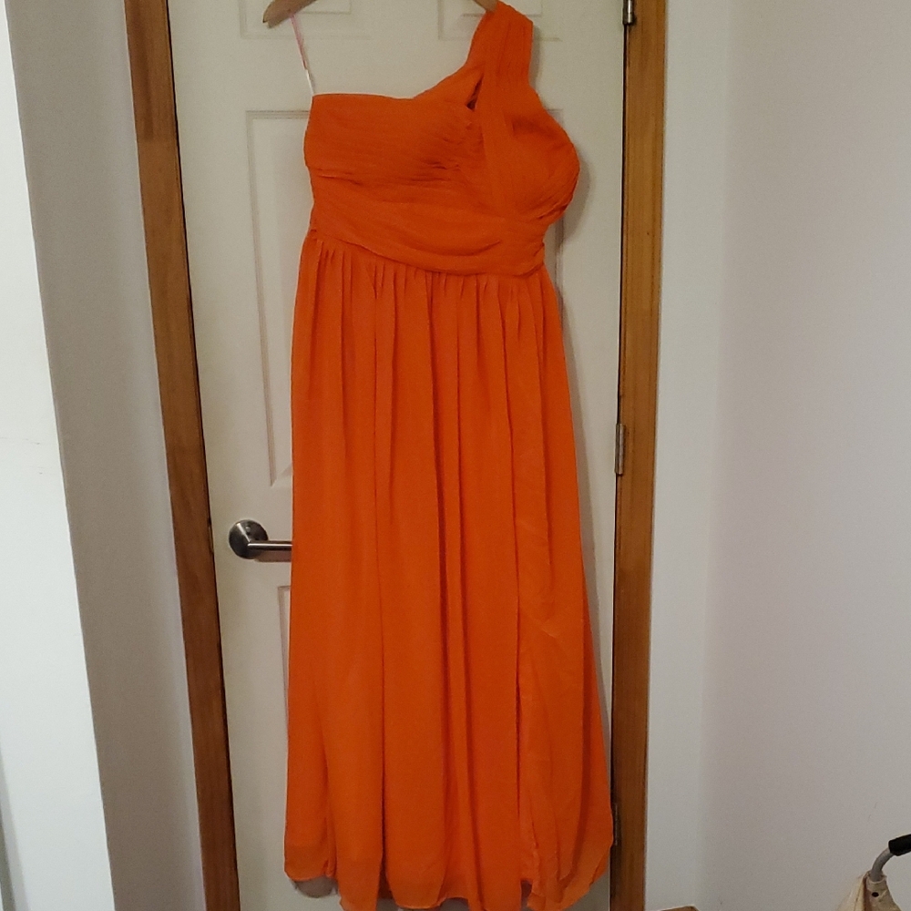 Vibrant Orange One-Shoulder Chiffon Gown Long Slit And Pocket